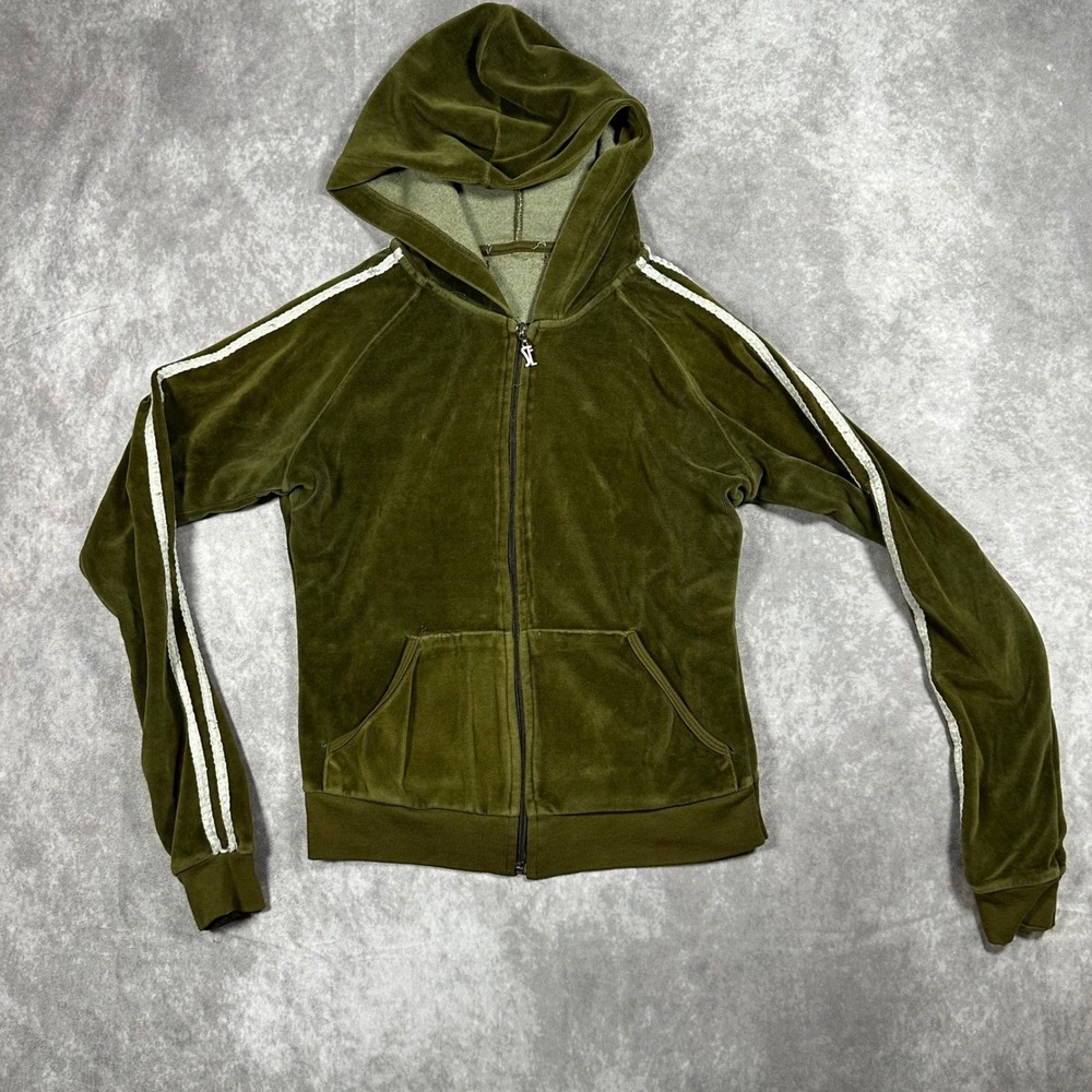 Sam Edelman Vintage Y2K Olive Green Velour Zip Up Hoodie Jacket XS S Coquette